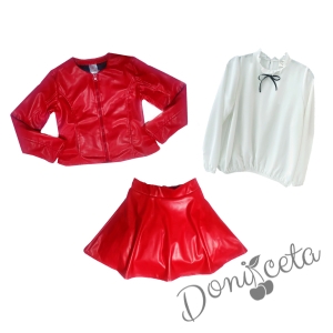 Комплект от 3 части риза в бяло на Contrast, кожена пола в червено и яке