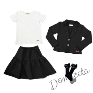 Комплект от 4 части рипсена блуза с къс ръкав в бяло, пола и сако в черно и чорапи 1