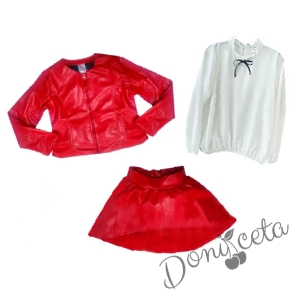 Комплект от 3 части риза в бяло на Contrast, изрязана кожена пола в червено и яке