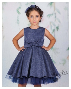 Официална детска рокля без ръкав брокат Канди в синьо 1