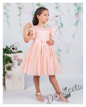 Официална детска рокля в прасковено с дантела Монел