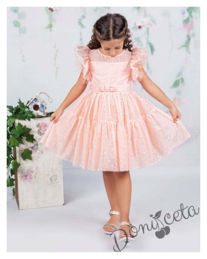 Официална детска рокля в прасковено с дантела Монел 3