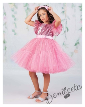 Официална рокля Анаис в розово с пайети и тюл с къс ръкав 2