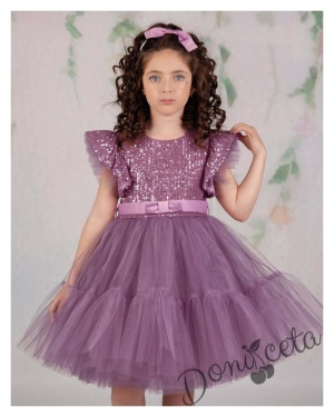 Официална рокля Анаис в лилаво с пайети и тюл с къс ръкав 1