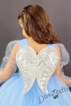 Официална детска рокля Рангелина  с дълъг в синьо с ангелски крила 3
