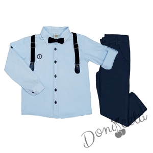 Детски комплект от риза в светлосиньо, панталон, тиранти и папийонка в тъмносиньо 455676874 2