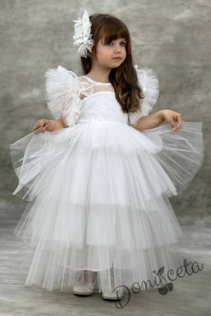Официална дълга детска рокля в бяло с дантела на пластове Чара