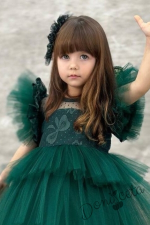 Официална дълга детска рокля в зелено с дантела на пластове Чара 3
