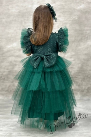 Официална дълга детска рокля в зелено с дантела на пластове Чара 4