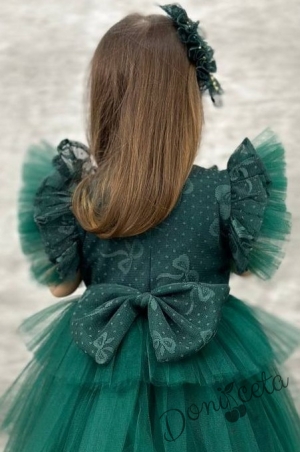 Официална дълга детска рокля в зелено с дантела на пластове Чара 5 