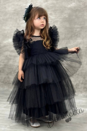 Официална дълга детска рокля в черно с дантела на пластове Чара
