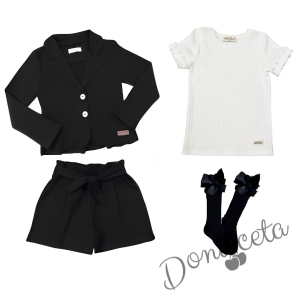 Комплект за момиче от къси панталони, сако и чорапи в черно и рипсена блуза в бяло 1