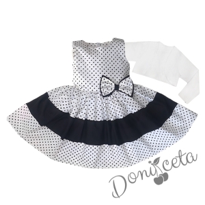 Комплект от детска рокля без ръкав в бяло на черни точки с лента и болеро в бяло