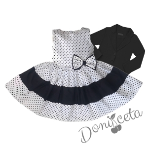 Комплект от детска рокля без ръкав в бяло на черни точки с лента и сако в черно
