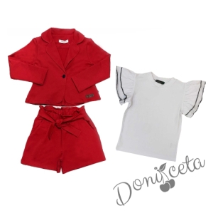 Детски комплект за момиче от къси панталони и сако в червено и блуза в бяло скъдрици