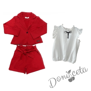 Детски комплект за момиче от къси панталони и сако в червено и риза в бяло с панделка