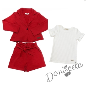 Комплект за момиче от къси панталони и сако в червено и рипсена блуза в бяло