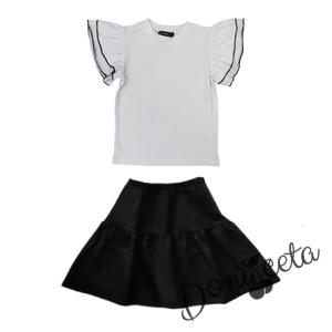 Комплект от детска блуза с къдрици в бяло и пола в черно