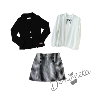 Комплект от 3 части - детска пола пепит с риза с дълъг ръкав с панделка Contrast и сако в черно 1