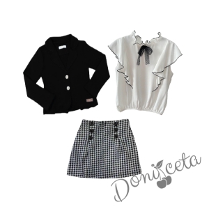 Комплект от 3 части - детска пола пепит с риза с къс ръкав панделка и къдрици Contrast и сако в черно 1