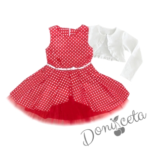Комплект от детска официална рокля в червено на бели точки и бяло болеро с къдрички