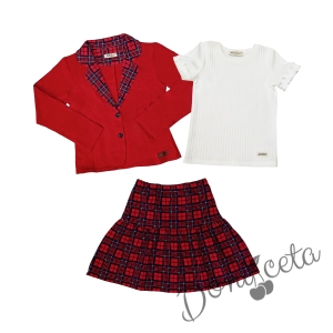 Детски комплект за момиче от карирана пола и сако в червенос каре и рипсана блуза в бяло с къс ръкав 1