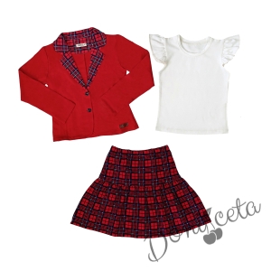 Детски комплект за момиче от карирана пола и сако в червено с каре и блуза в бяло с къс ръкав тип крилце 1