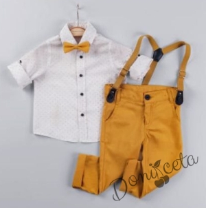 Детски комплект от тиранти, панталон и папийонка в горчица и риза в бяло с нежни орнаменти