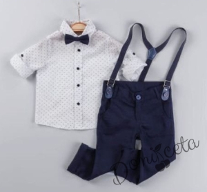 Детски комплект от тиранти, панталон и папийонка в тъмносиньо и риза в бяло с нежни орнаменти