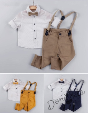 Детски комплект от тиранти, панталон и папийонка в тъмносиньо и риза в бяло с нежни орнаменти 2