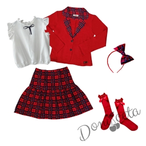 Детски комплект от 5 части за момиче с карирана пола сако в червено риза в бяло Contrast чорапи и диадема 1