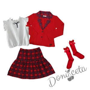 Детски комплект от 4 части за момиче с карирана пола сако в червено риза в бяло Contrast чорапи 1