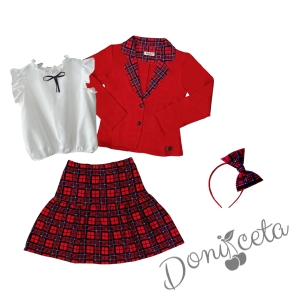 Детски комплект от 4 части за момиче с карирана пола сако в червено риза в бяло Contrast и диадема 1