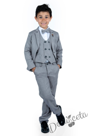 Официален костюм за момче от 5 части в сиво с двуредово закопчаване 2