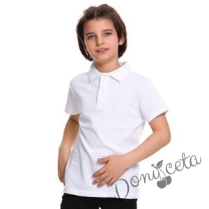 Детска риза в бяло с къс ръкав и яка