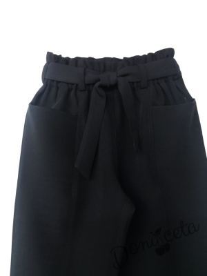 Детски дълъг панталон за момиче в черно с висока талия, колан и джобове 2
