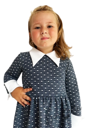 Детска рокля с дълъг ръкав в сиво на бели точки с маншет и яка в бяло 2