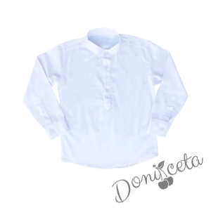 Детска риза с дълъг ръкав за момче в бяло с бели копчета без яка 1
