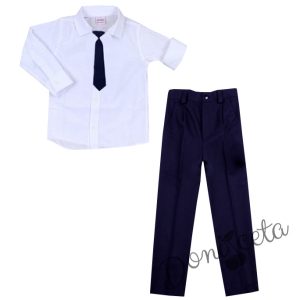 Комплект от 3 части панталон и вратовръзка в тъмносиьно и риза с дълъг ръкав ръкав в бяло