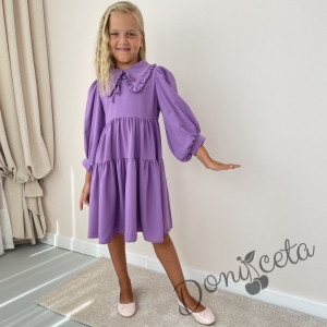  Детска нежна рокля с дълъг ръкав в лилаво с къдрици 