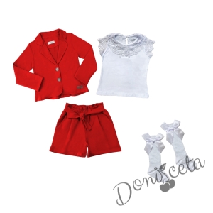 Комплект за момиче от 4 части - къси панталони със сако в червено, блуза с къс ръкав и дантела в бяло и чорапи в бяло