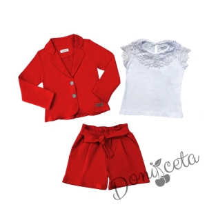 Комплект за момиче от 4 части - къси панталони със сако в червено, блуза с къс ръкав и дантела в бяло и чорапи в бяло 2