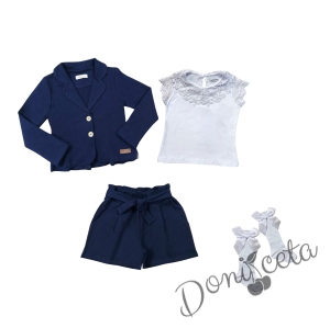 Комплект за момиче от 4 части -  къси панталони със сако в тъмносиньо, блуза с къс ръкав и дантела в бяло и чрапи в бяло