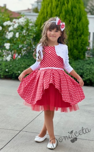Комплект от официална детска рокля в червено на бели точки и бяло болеро