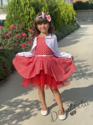 Комплект от официална детска рокля в червено на бели точки и бяло болеро 2