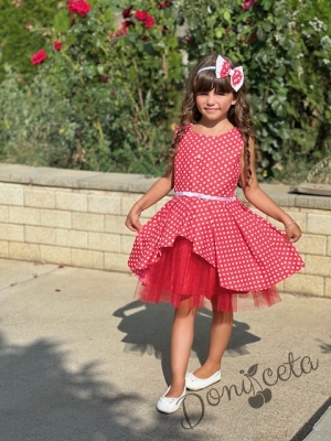 Комплект от официална детска рокля в червено на бели точки и бяло болеро 