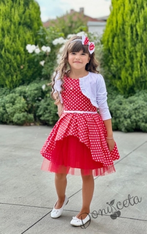 Комплект от официална детска рокля в червено на бели точки и бяло болеро5