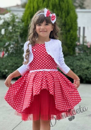 Комплект от официална детска рокля в червено на бели точки и бяло болеро6