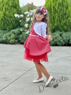Комплект от официална детска рокля в червено на бели точки и бяло болеро9
