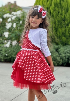 Комплект от официална детска рокля в червено на бели точки и бяло болеро10